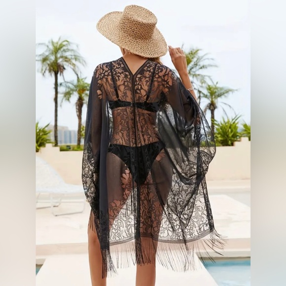 New Shawl Solid Black Tassel Embroidered Sheer Kimono Festival Beach Cover Up - Picture 8 of 13